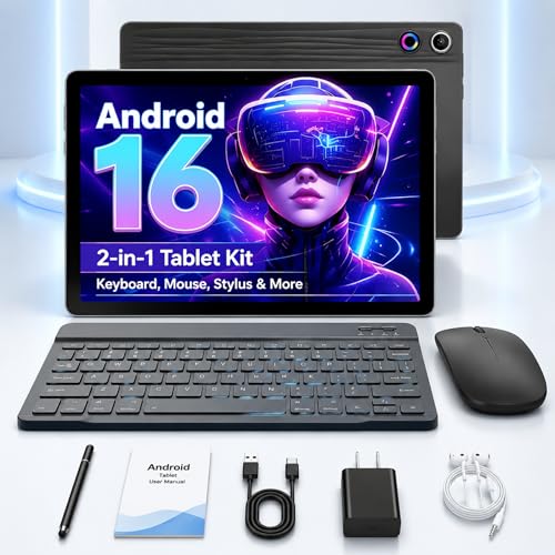 Jeazans Android 16 Tablet 10.1 Inch, 2-in-1 Tablet Bundle with Keyboard, Wireless Mouse, Stylus,...