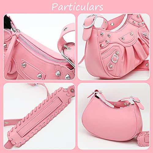Siwwbw Women Hobo Bags Punk Style Rivet Satchel Handbags Pu Leather Shoulder Purses With Half Moon Underarm Bags Women Purses (Pink) #TOP5