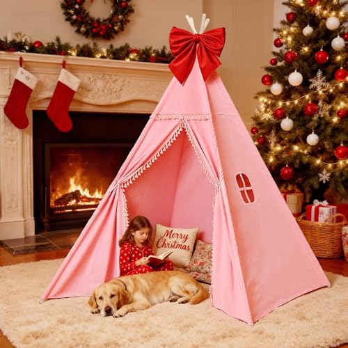 Image of Sumbababy Large Teepee Tent for Kids Indoor - Cotton Canvas Slumber Play Tents for Adults - Foldable Sleepover Tents for Girls Boys Party Gift Toy, Pink