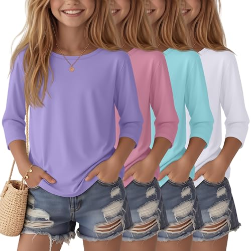 Image of 4 Pack Girls 3 /4 Sleeve T Shirts Kids Crewneck Elbow Sleeve Casual Tops Solid Basic Cute Teen Tees 5-14Y