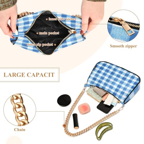 Shoulder Bags for Women Blue Gingham Pattern Tote HandBag Shoulder Bags purse with Chain Zipper Closure4