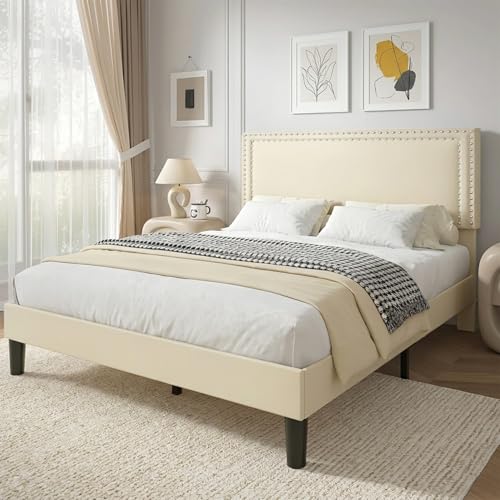 Image of VECELO King Bed Frame with Rivet-Tufted Headboard & Footboard, Upholstered Platform Bed with Wood Slats Support, No Box Spring Needed, Noise-Free, Easy Assembly, Beige