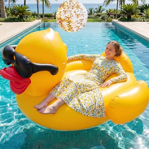Oversized Duck Pool Float for Adults, 67-Inch XXL Inflatable Raft with 16 Inch Beach Ball, Swimming Pool Ride-On Rafts, Water Lounger Floats for Outdoor Lake, River, Beach Summer Party Decoration