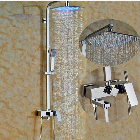 Pomme de douche pluie LED chrome avec robinet baignoire et pulvérisateur mural