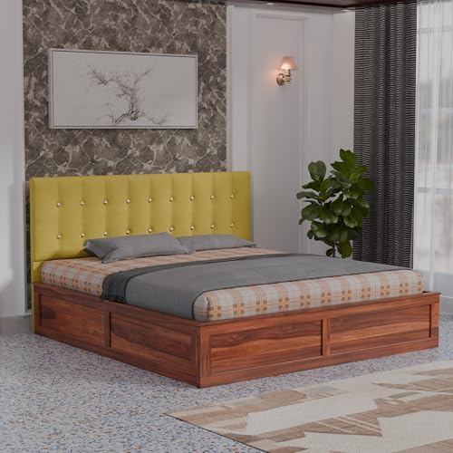 Image of Sheesham Wood King Size Bed With Storage Box | Upholstered Beds | Platform Cot With Cushioned Headboard | Double Bed For Home | Recommended Mattress 78x72 Inch | Mustard Yellow & Honey Finish