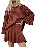 Tiko Miko Sweater Set 2 Piece Skirt Sets for Women Two Piece Outfits Casual Loose Knit Pullover Mini Skirt(0581-Brown-L)
