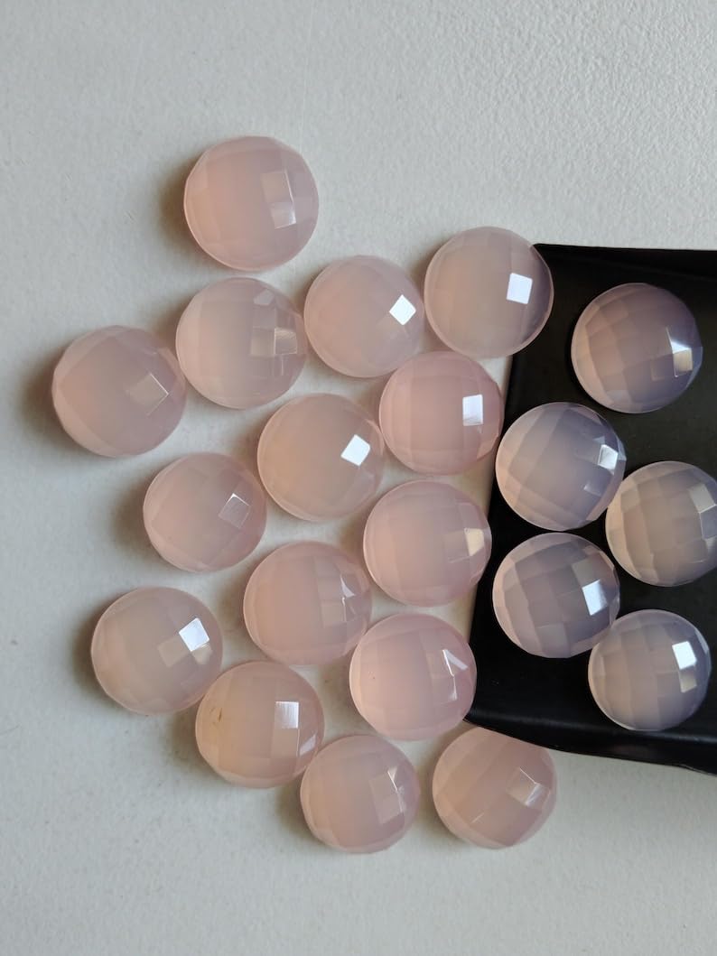 15 mm große, facettierte, runde Cabochons aus rosafarbenem Chalcedon für Damen mit flacher Rückseite, 5 Stück lose hellrosa Chalcedonsteine für Schmuck – RAMP170