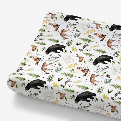 Image of HawSkgFub Animals Pine Tree Changing Pad Cover for Baby Girl Boy, Natural Forest Bear Deer Fox Diaper Change Table Covers, Soft Stretchy Safe Snug Fitted Changing Mat Sheets Fit 32"/34" x 16"