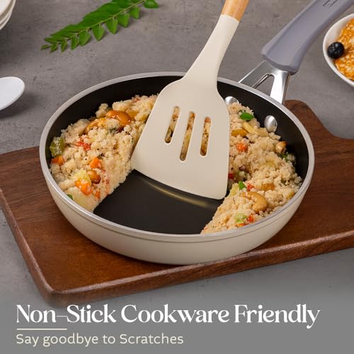 Image of Fruitalite Silicone Spatula Set- 3 Pcs | Non-Stick Kitchen Utensils with Wooden Handle- BPA Free, Heat Resistant Set, Non Toxic Premium Cookware Tools for Cooking, Baking & Mixing- Beige