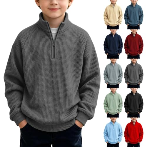 Boys Waffle Knit Quarter Zip Sweatshirts Fashion Long Sleeve Pullover Tops - image 1
