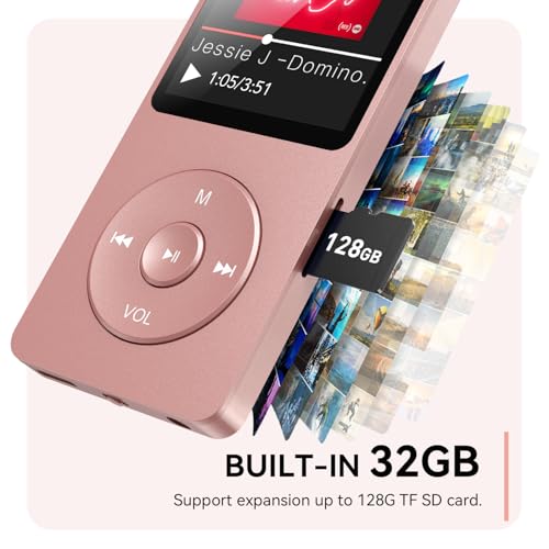 Image of AGPTEK A02 MP3 Player with Bluetooth 5.3, 1.8 inch Screen Portable Music Player with Speaker, FM Radio, Voice Recorder, Supports Expanded Up to 128GB(Rose Gold, 32GB)