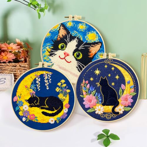 Image of Zhenqing Night Sky Cats Cross Stitch Kit - 3-Piece Set with Pre-Printed 11CT 24x24cm Fabric, Hoop & Tools, Starry Night Theme for Beginners (70413)