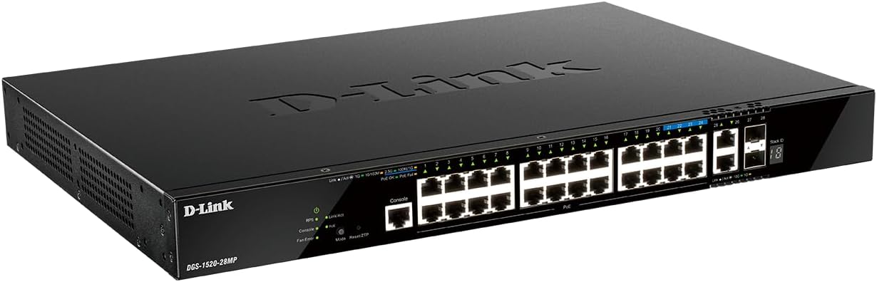 Enrere view of the D-Link DGS-1520-28MP switch