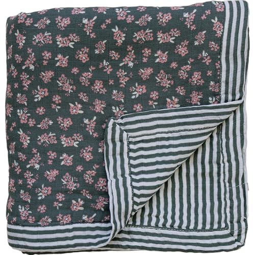 Image of Mebie Baby Muslin Quilt, Olive Bloom Green Stripes, 100% Cotton Baby Blanket for Girls & Boys, Newborns to Toddler, Soft Swaddle Blanket, 47 inchx47 inch
