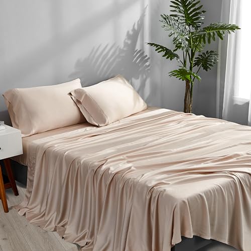 ACCURATEX Cooling Sheets Split King Size Sandy - Rayon Derrived from Bamboo, Luxury Hotel Sheet Set for Adjustable Bed, Super Soft Breathable Bedding Sheets up to 16 inches Deep Pockect