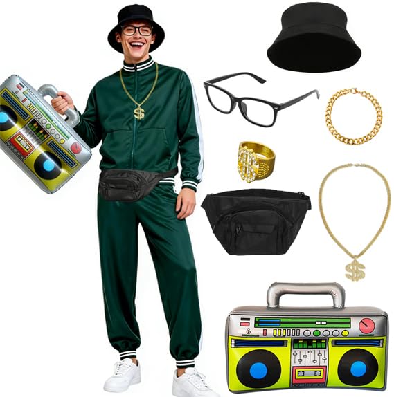 HarnyLoom 80s 90s Fancy Dress Costume Men Women, Shell Suit Costume Tracksuit Retro Outfit with Accessories Hip Hop Disco Fancy Dress for Carnival Halloween Party (Green, 2XL)
