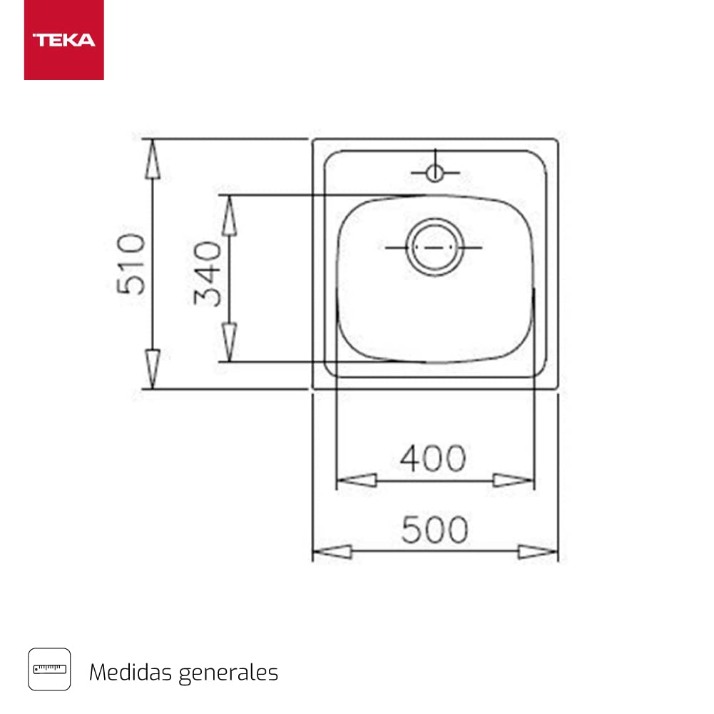 Teka Starbright 50 E-XP 1C - Fregadero Encastrado de 50 cm, 1 Cubeta, Desagüe con Válvula Manual, Insonorización, Acabado pulido, Color Acero Inoxidable