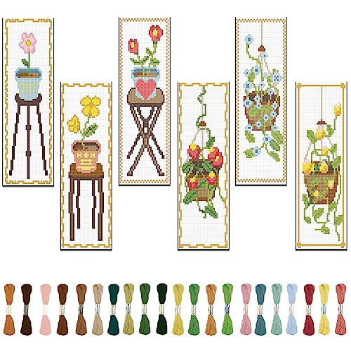 Image of FREEBLOSS 6 Set Cross Stitch Bookmark Kit Flowers Patterns Stamped Cross Stitch Kit with Instruction Embroidery Kit for Adults Beginners Reading Gift 8''x2.4''
