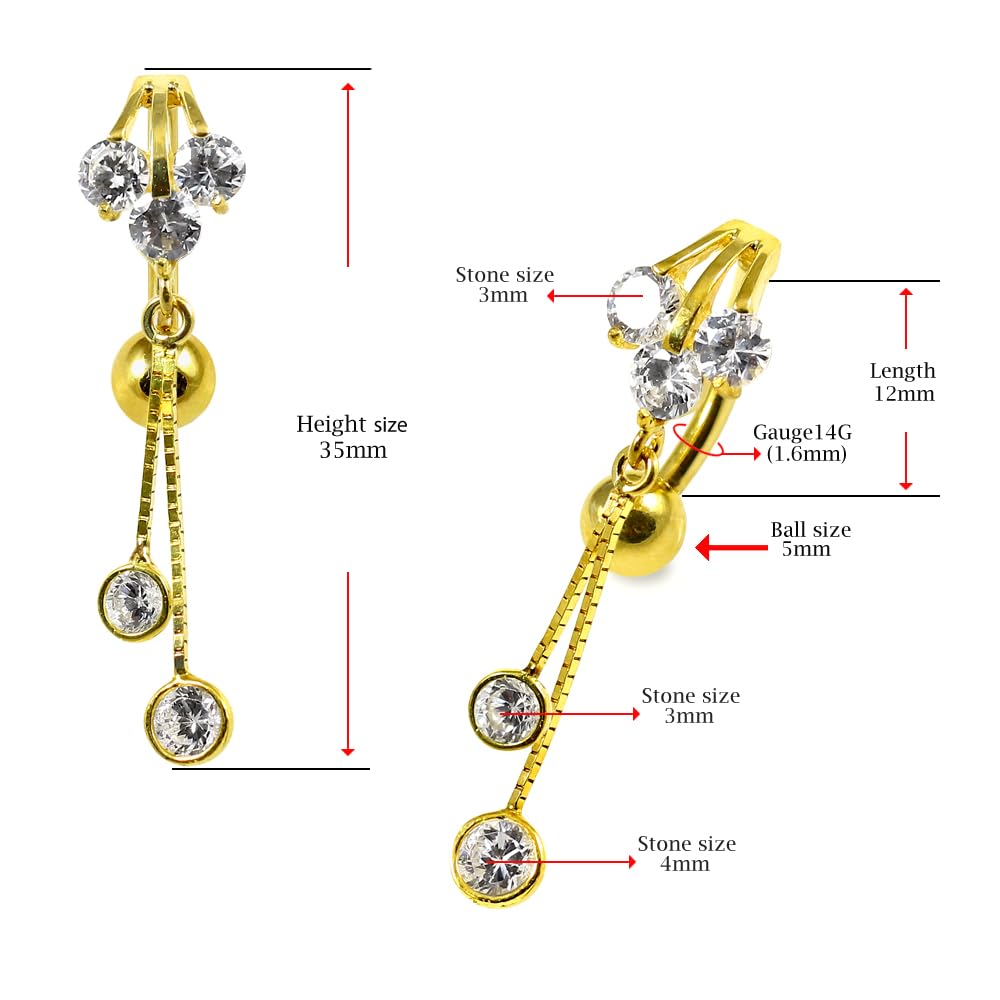 Piercing para el ombligo de oro amarillo macizo de 14 quilates con forma de aleta con doble colgante redondo en caja de cadena, joyería para ombligo de 14 quilates, calibre 14, 14 Gauge