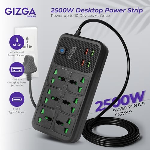 Image of Gizga Essentials 2500W /10A Extension Board | Universal 6 Sockets with 2 Type C & 4 USB A for Office & Home Appliances | Surge Protector Power Strip with 2M Cord, Child Safety Shutter, Spike Guard