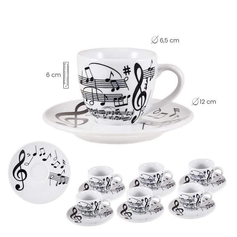 DRW Set 6 tazze con piatto in porcellana decorate con note musicali tazza: 6,5 x 6,5 x 6,5 x 6 cm
