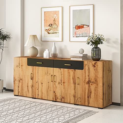 Rtopsu Sideboard Beistellschrank Braun mit 2 Stauraum Schublade, Buffetschrank Standschrank Küchenschrank mit 4 Türen und 2 Regal für Küche Wohnzimmer und Esszimmer, 208x39.5x80 cm, Braun