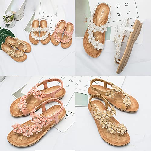 Keilinia Women's Thong Flat Sandals,Summer Flower Rhinestones Comfy Boho Slingback Ankle Elastic T-Strap Walking Beach Flip Flops3