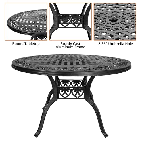 Image of 48 Inch Outdoor Dining Table Round Patio Bistro Table Powder-Coated Cast Aluminum Frame Patio Dining Table Garden Table with Umbrella Hole (Black)