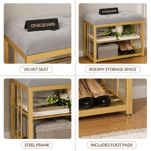 Image of Modern Shoe Rack: Covered Velvet Stool with a Cushioned Seat for Setting Stool, Space-Saving Shoe Rack The Hallway, Bedroom, and Living Room (Gray)
