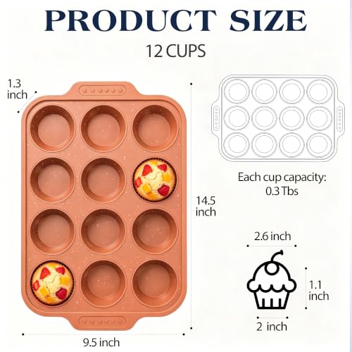 Image of Silicone Muffin Pans for Baking with Metal Reinforced Frame | Nonstick 12-Cup Regular Size Cupcake Tray for Egg Bites, Muffins & Cupcakes, Dishwasher Safe, Brick Orange, 1 Pc