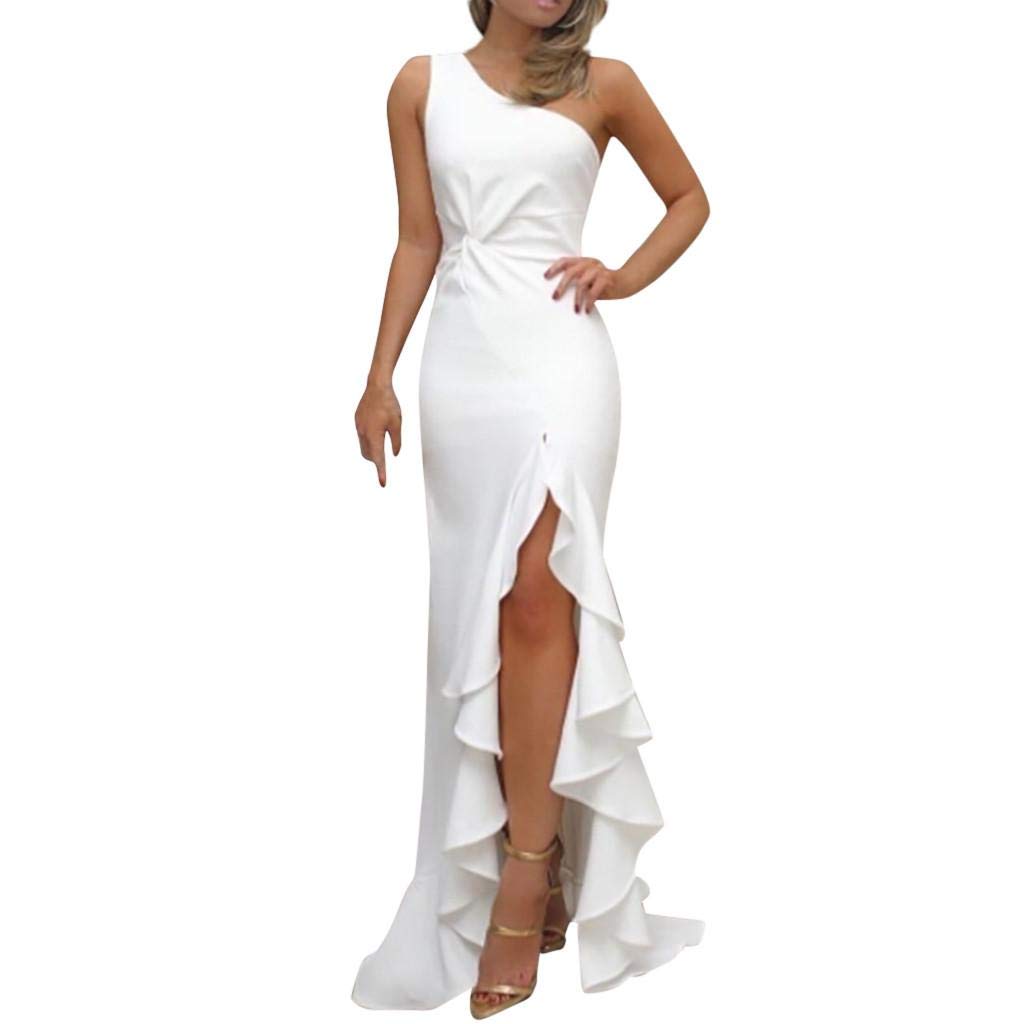 SHOBDW Mujer SHOBDW Vestidos Mujer Día De San Valentín Presente SóLido Un Hombro Vestido De Fiesta De Noche Formal Elegante con Pliegues Altos con Volantes De Hendidura Elegante Maxi Vestidos Largos