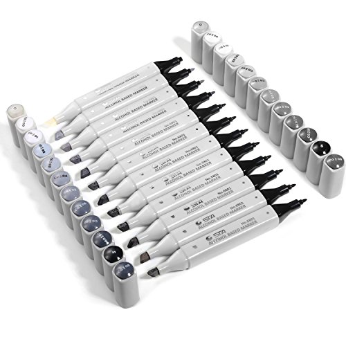Dual Tip Grayscale Markers Pens - Permanent Sketch Cool Grey Tones Art Paints Pen for Illustration, Drawing, Outlining, Shading, Design, Rendering - Set of 12 Colors Includes Colorless Blender