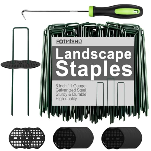 FOTMISHU Landscape Staples 6 Inch 20pcs Garden Stakes + 20pcs Gasket Lawn Pins with Spray Coating Craft 11Gauge Anti-Rust Ground Yard Spikes Anchoring for Outdoor Tents Irrigation Hoses (Green)