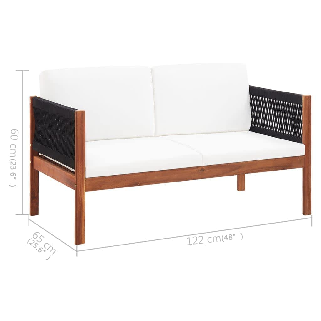 Divano da Giardino a 2 Posti in Massello d'Acacia con Cuscini, Panca Esterna Portatile in Legno Naturale e Corda Nera, 122x65x60 cm per Terrazzo Balcone Giardino, Seduta per Relax Allaperto