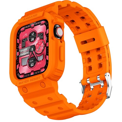 Image of amBand Compatible for Apple Watch Band 45mm 44mm 42mm with Bumper Case, Clear Cute Women Strap for iWatch SE 3 SE 2nd SE Series 9 8 7 6 5 4 3 2, Sport Jelly Protective Cases Protector, Orange