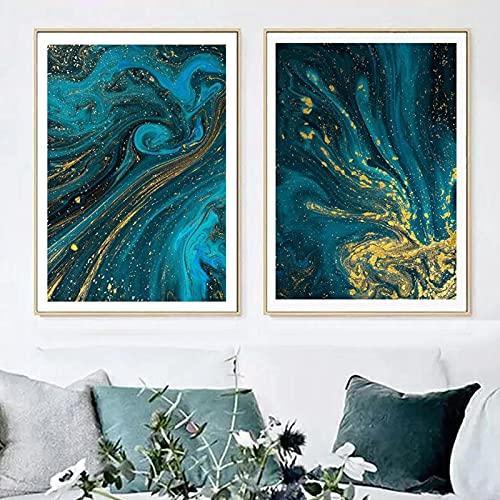 Peinture nordique de luxe bleu et or : set de 2 affiches abstraites fluides 70x100cm