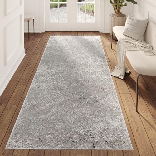 TAPISO Valley Teppichläufer Vintage, Kurzflor Grau Abstrakt Used Effekt Meliert Verwischt, für Flur, Wohnzimmer, Schlafzimmer, Esszimmer – Eleganter TeppichLäufer – 120 x 250 cm