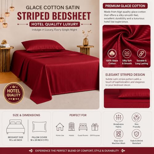 Image of Satin Striped Glace Cotton Single bedsheet with 1 Pillow Cover | Soft & Smooth Finish | Single Bed bedsheet 90 x 60 Inch | Pillow Cover 18 x 28 Inch | Breathable, Fade Resistant