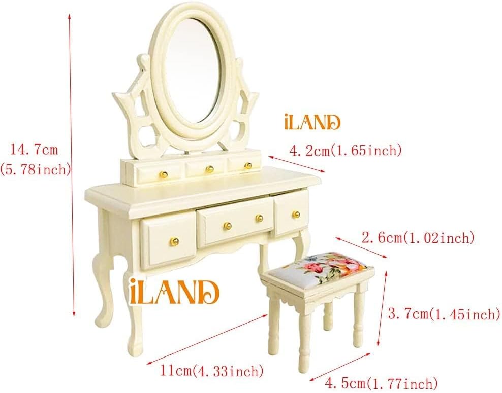 iLAND Wooden Dollhouse Furniture 1/12 Scale, Dollhouse Bedroom Furniture in Cream Color Dollhouse Bed & Dressing Table & Wardrobe Gifts for Girls Kids(Elegant Miniature Furniture 6pcs)