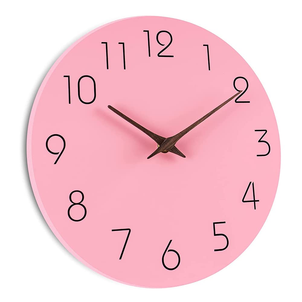 DOTBUY-SHOP Wall Clock Silent Non Ticking, Round Battery Operated Modern Decorative Clocks Solid Color Arabic Numeral Quartz Wall Clock for Bedroom,Living Room, Home, Kitchen, Office (Pink,10inch)