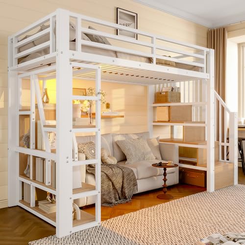 Lit mezzanine 90 x 200cm, avec éclairage LED et compartiment de rangement, lit mezzanine en fer avec marches monoblocs et rambarde, espace de rangement ouvert...