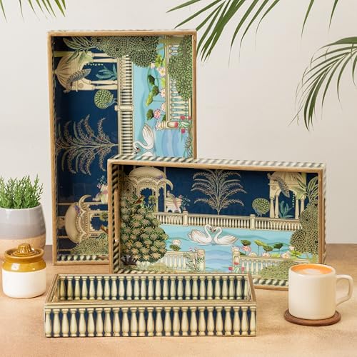 Image of Swan Wooden Serving Tray with Gold Engraving | Set of 3 | Size : 16 x 10 inch, 14 x 8 inch & 12 x 6 inch | Enamel Coated Waterproof | Rectangular | Swan Set of 3