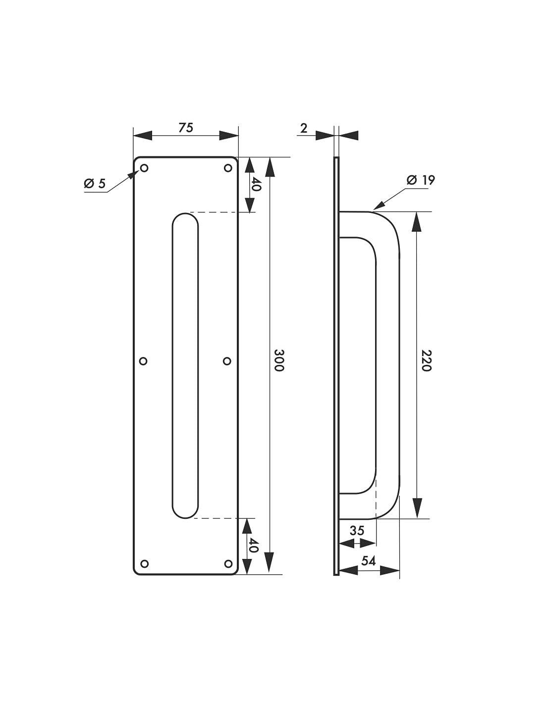 THIRARD - Poignée Inox avec Plaque - Type Sans Trou - Usage Porte Intérieure Battante - Entraxes de Fixation 300 mm - Finition Satinée - 300 x 75 mm - Ø 19 mm - Gris