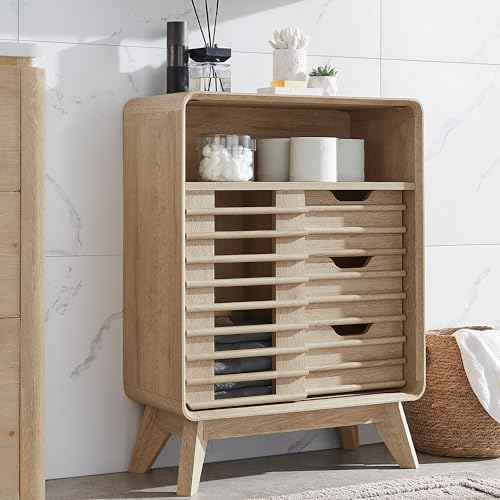 Image of RedLemon Slatted Door Floor Cabinet, Mid-Century Small Bathroom Storage Cabinet w/3 Smooth Sliding Drawers, Adjustable Shelf, Curved Edges & Stable Support Legs for Bathroom, Natural Oak
