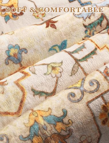 SERISSA Boho Washable Runner Rug, 2x6 Rug Runner Non-Slip Vintage Light Yellow Hallway Kitchen Runner Rug Ultra Soft Print Distressed Floor Carpet Runner for Bedroom Bathroom Laundry Living Room