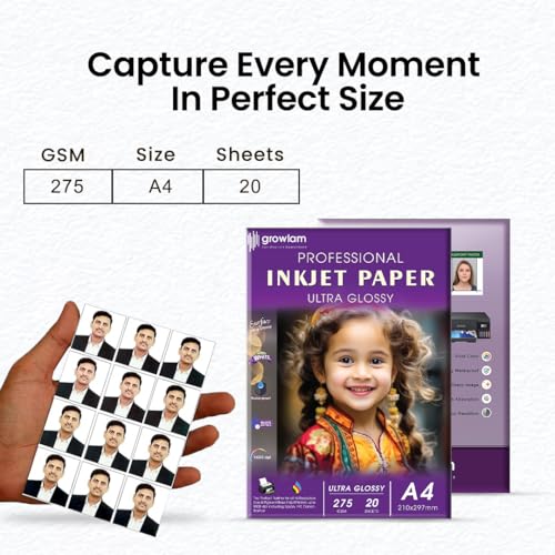 Image of Growlam Ultra Glossy Photo Paper 275 GSM A4 Size, 20 Sheets (Pack of 3) | Resin Coated Surface, Waterproof Technology, Tropical Climate Durability, Realistic Color Reproduction, Stunning Visual Depth
