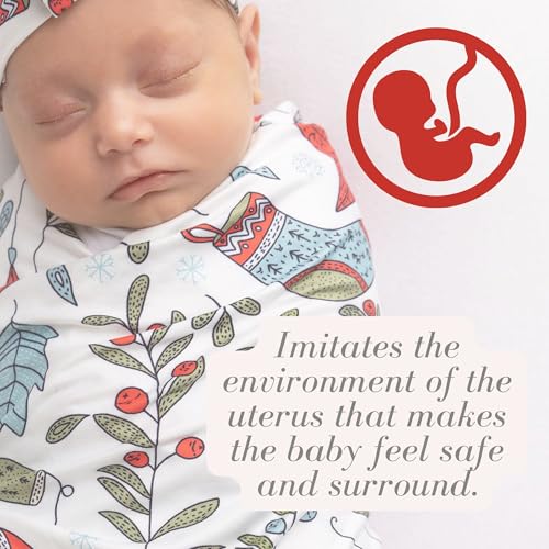 Image of Newborn Baby Girl Receiving Blanket Swaddle Blanket Stretchy Knit Swaddle Set with Matching Headband and Beanie (Red Socks Christmas)