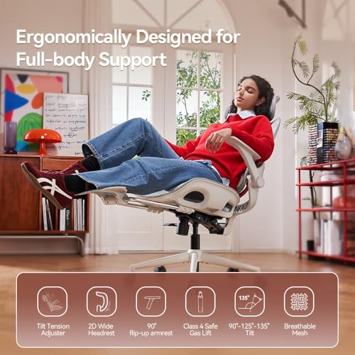 B100 Sedia da Ufficio Ergonomica, Sedia da Scrivania con Supporto Lombare Dinamico Adattivo, Sedia da Computer con Poggiatesta, Braccioli Pieghevoli, Inclinazione Regolabile 90-135°, Bianca - Sedia gaming - Immagine 8