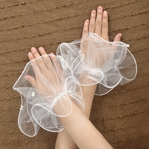 Gloritmo Women White Mesh Fingerless Short Gloves Ruffle Tulle Bead Wrist Cuff for Wedding Tea Party Costume