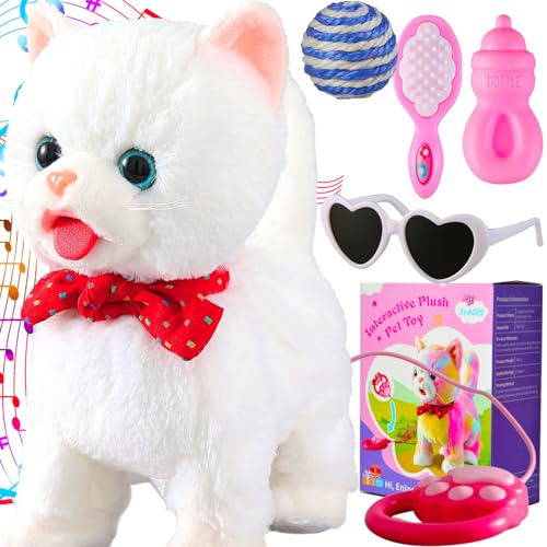 Marsjoy White Leash Walking Cat Set Interactive Talking Cat Singing Dancing Kitten Mimicking Repeat What You Say Kitty Touch and Voice Control Nodding Wagging Tail Plush Electric Kitty for Kid Girl